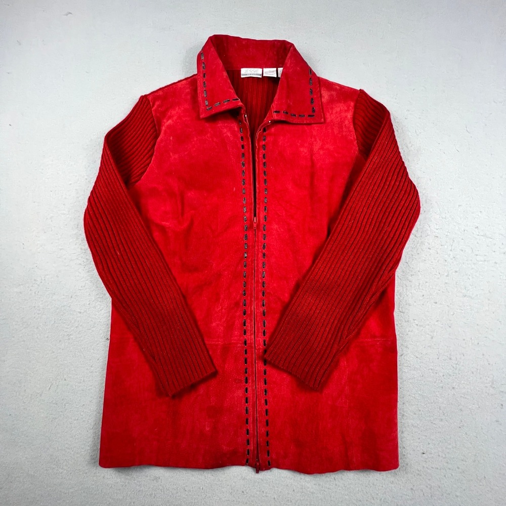 Jessie Sport Leather Jacket Women 1X Red Suede Ribbed Knit Mixed Media Zip Up
